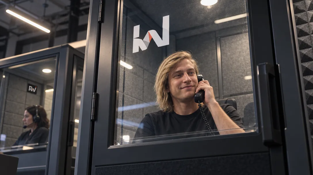 A caller speaks into a handset inside a sound-treated test booth bearing the Hamming logo as a headset-wearing operator listens nearby.
