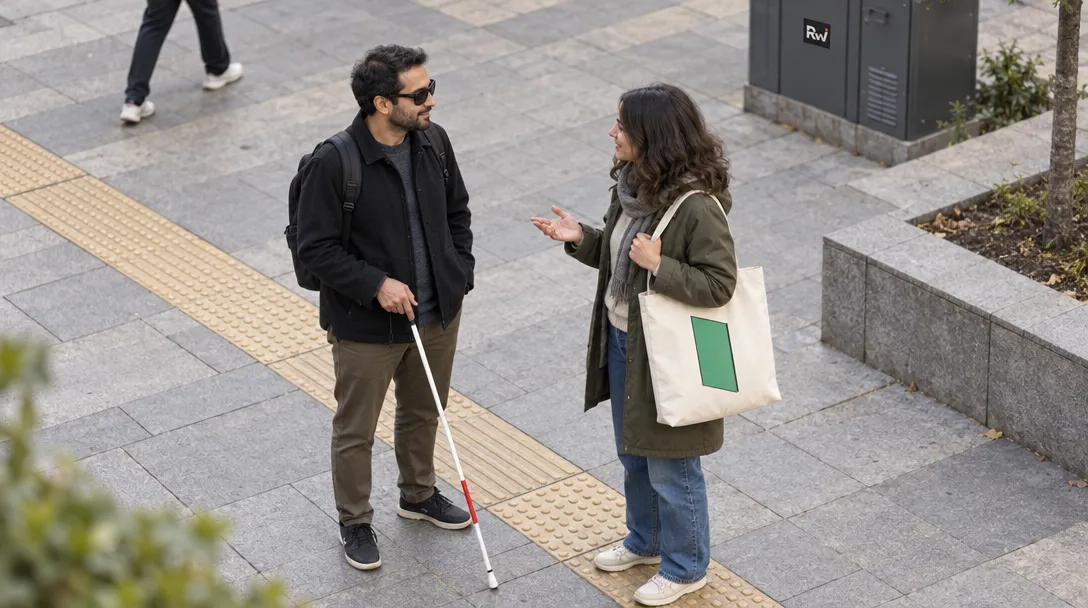 A blind pedestrian with a white cane talks with a companion carrying a HapWare tote in a plaza.