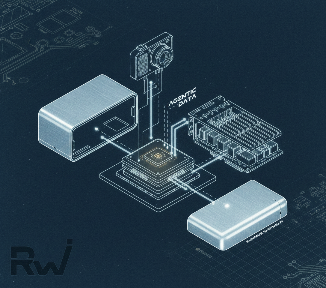 Exploded technical diagram of proprietary AI hardware (Exploded-view technical blueprint diagram with digital linework and subtle highlighting on a cyanotype background)