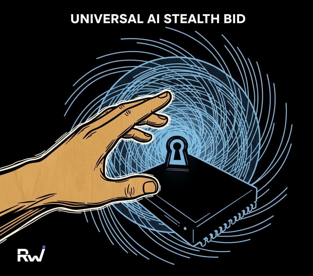 A stylized human hand interacting with an abstract, glowing universal AI interface (Woodblock print, with flat planes of color, bold silhouettes, and a single accent hue)