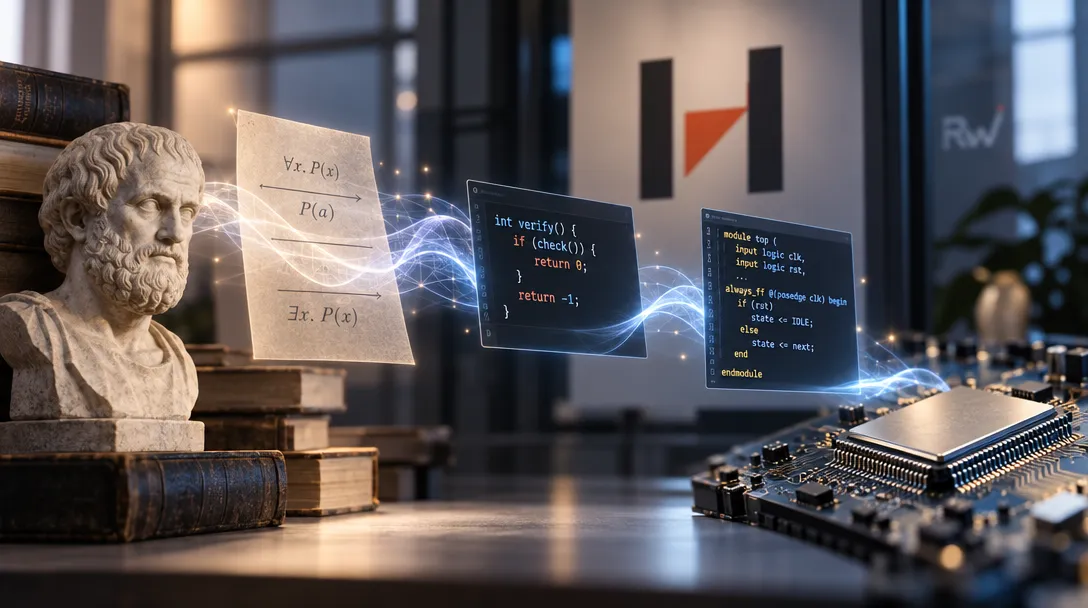 A marble bust and books sit beside floating logic formulas and code panels, with glowing lines leading to a circuit board.
