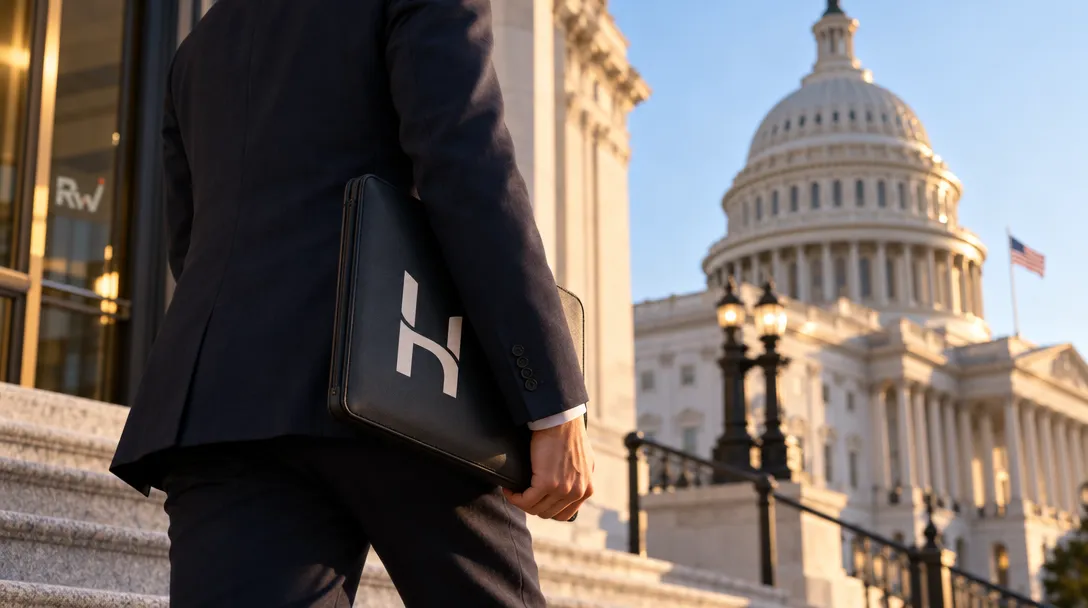 A suited person walks up stone steps carrying a black case with a white geometric logo, with the U.S. Capitol and an American flag behind them.