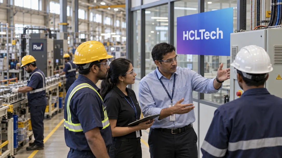 HCLTech consultants confer with factory staff beside an active production line, with the HCLTech logo on a glass partition.
