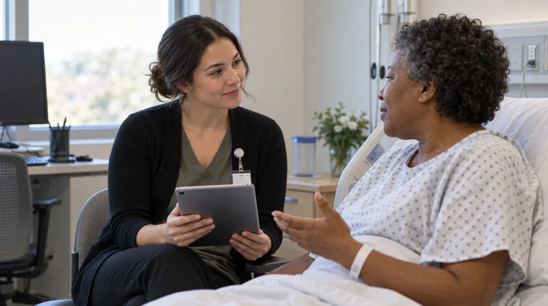 A hospital dietitian speaks with a patient while holding a tablet during a screening visit.