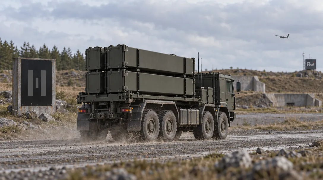 A dark eight-wheeled truck carrying stacked rectangular modules drives along a rocky track beneath a small aircraft, with an “Rw” sign nearby.