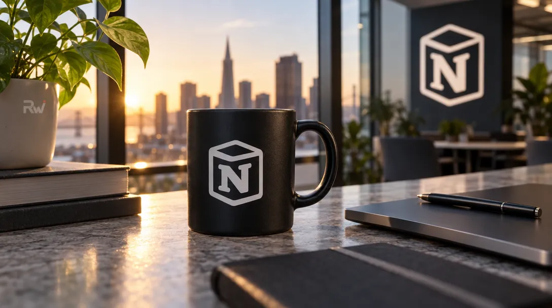A black mug with the Notion logo sits on a desk beside a pen, laptop, books, and potted plant, with a city skyline beyond the windows.