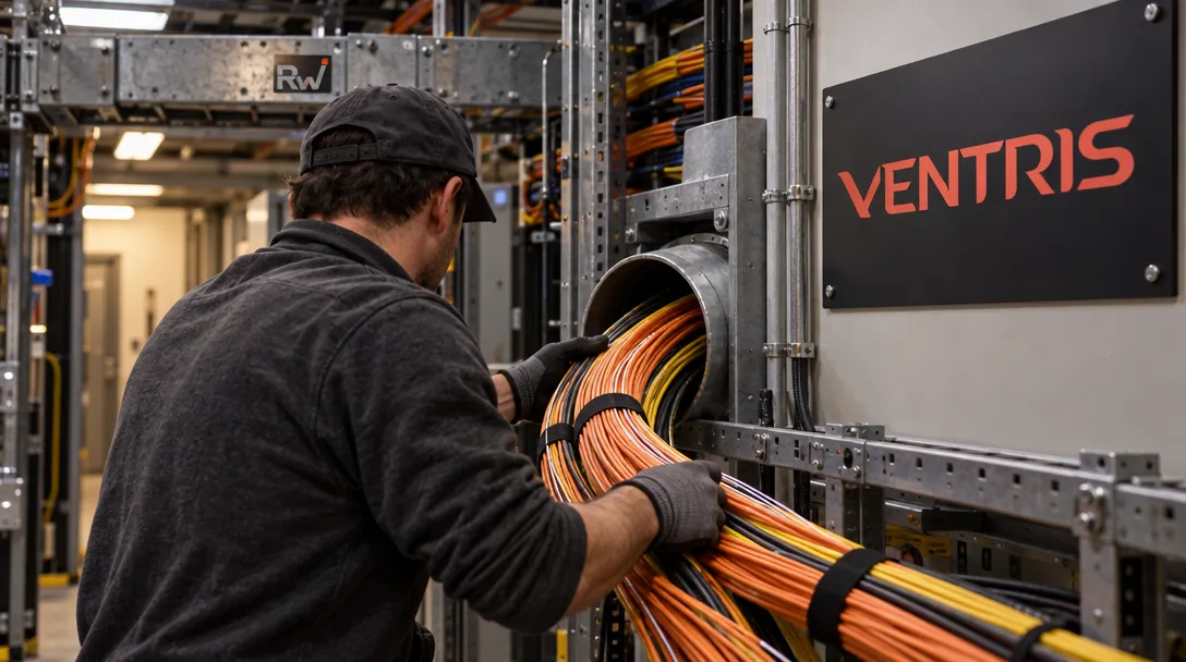 A technician guides converging fiber-optic cables through a network facility beneath a Ventris sign.