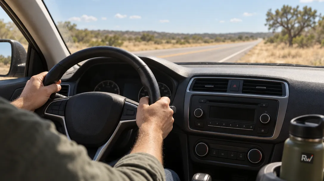 A driver’s hands rest on a steering wheel beside a car radio, with a Texas road visible through the windshield.