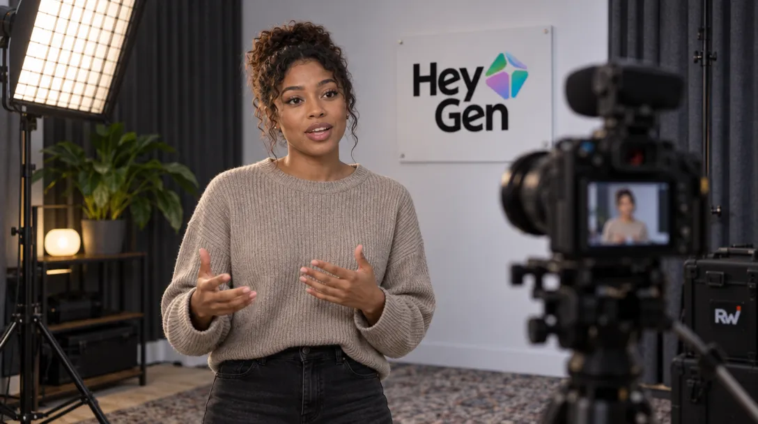 A person makes a small hand gesture in front of a camera in a HeyGen-branded video studio.