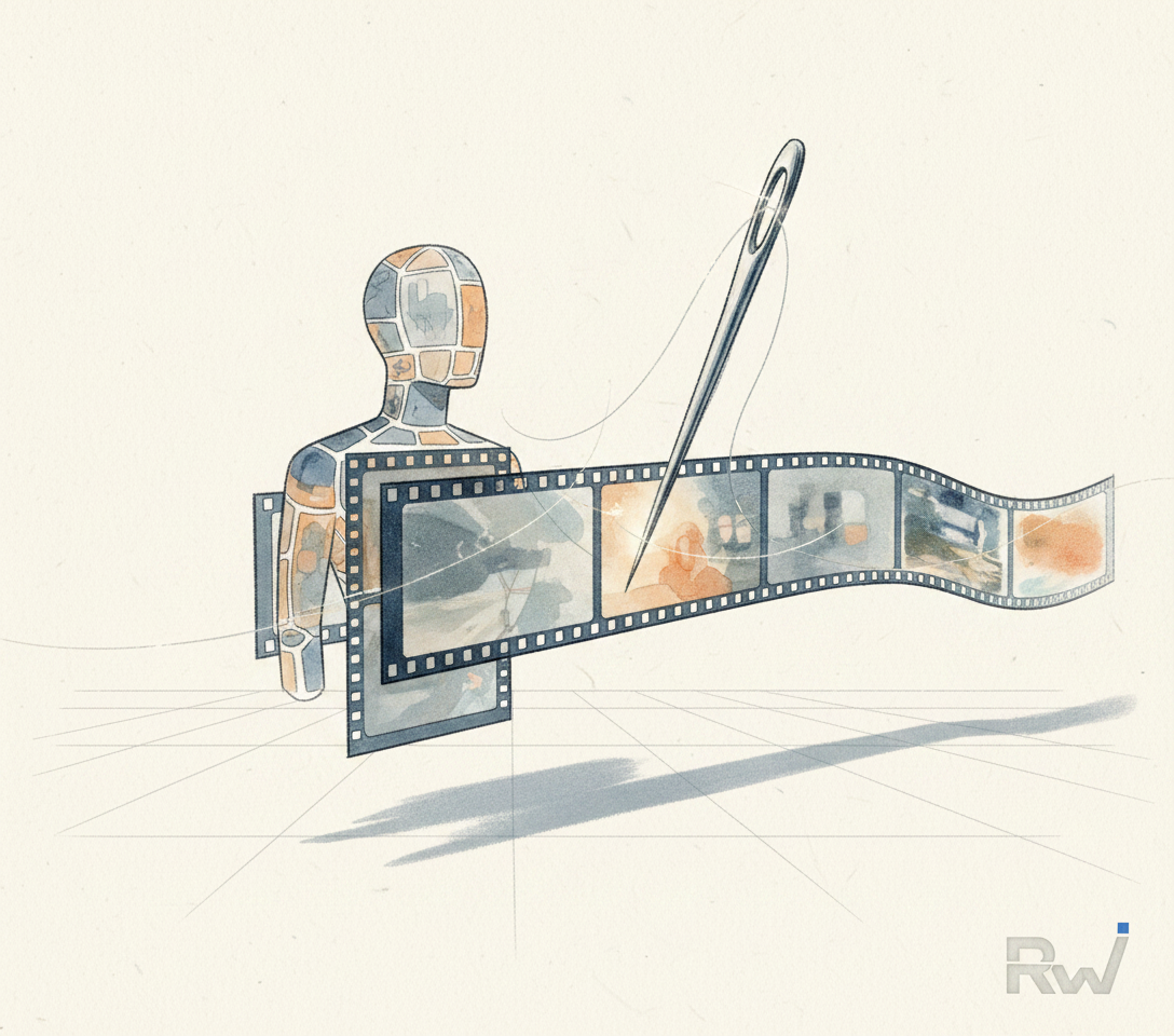 An abstract, human-like avatar figure seemingly 'stitched' together from individual film frames or flowing into a continuous film strip, symbolizing the creation of seamless AI video narratives. (Hand-drawn editorial illustration)