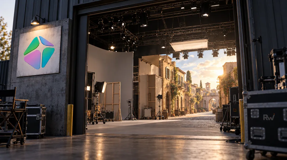A HeyGen-marked soundstage opens onto a richly dressed film scene, with bare set pieces near the entrance.