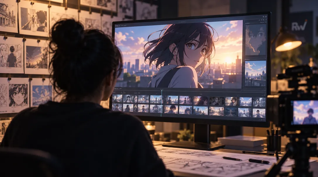 A seated person faces a monitor showing an anime-style girl at sunset, with storyboard sketches pinned nearby.