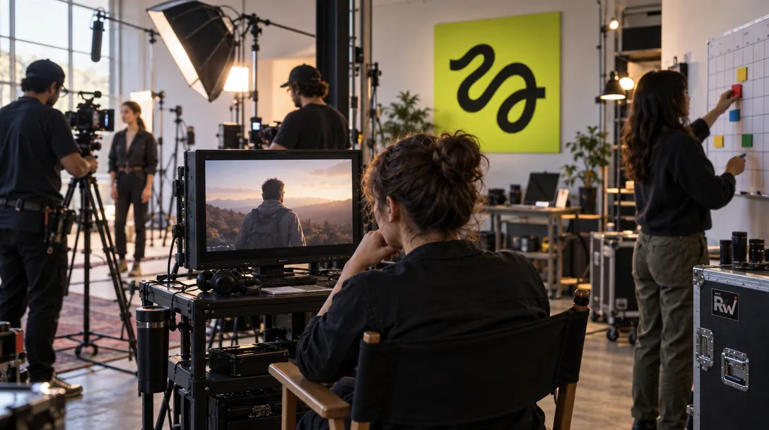 A busy video studio crew reviews footage beside a Higgsfield AI wall sign as several filming setups run at once.