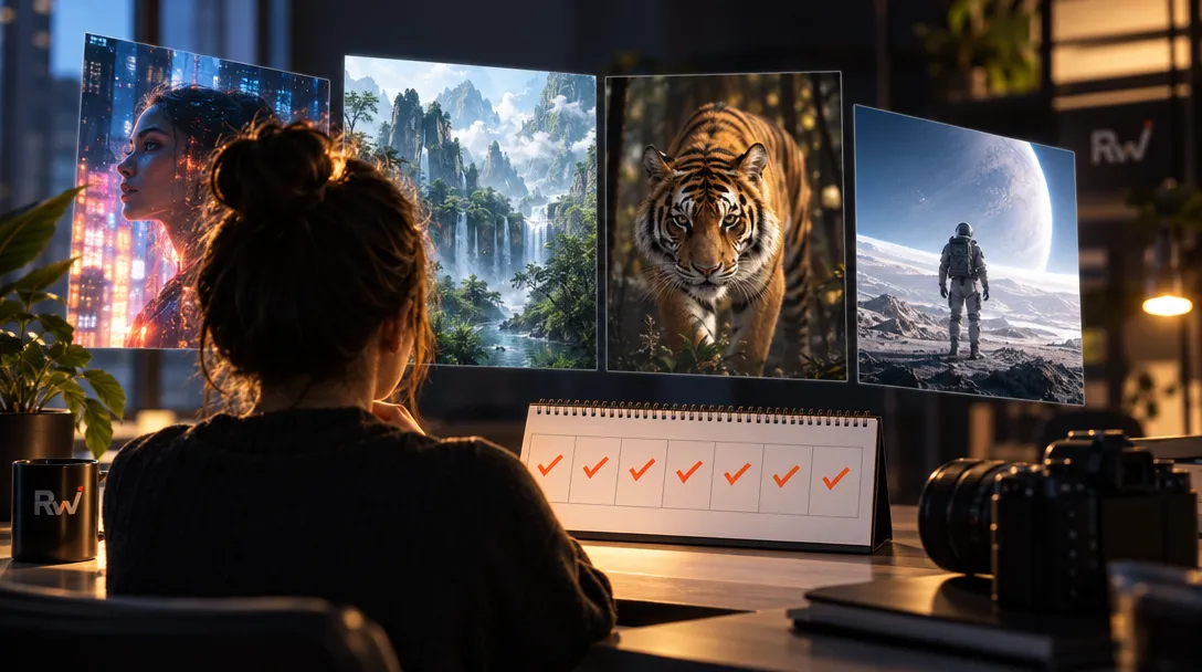 A person sits at a desk facing displays of a woman, a waterfall, a tiger and an astronaut, beside a checked calendar, camera and mug marked “Rw”.