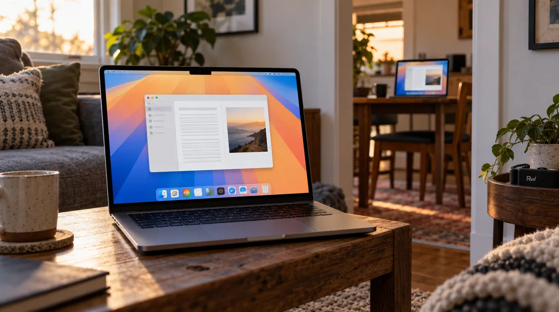 Two Macs in a home show matching app windows, illustrating Beam bringing an app from one Mac onto another.