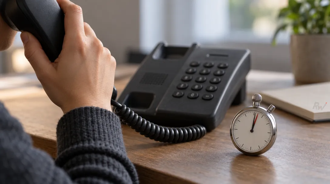 A caller holds a plain desk-phone handset beside a stopwatch, timing a customer-service call.