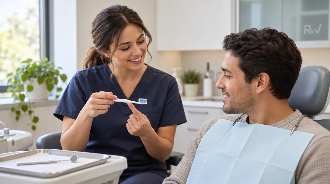 A dental hygienist demonstrates a plain toothbrush to a seated patient, with a dental mirror resting on a nearby tray.
