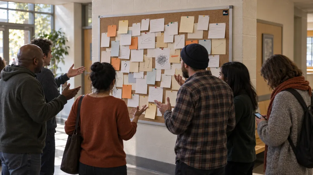 Several people gesture toward a bulletin board covered with notes and sketches, while one person holds a phone.