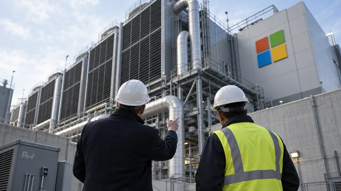 Two Microsoft leaders inspect the cooling infrastructure outside a large data center.