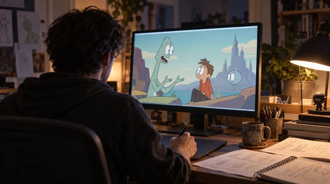 An animator works alone on a cartoon episode, representing Hugo Blendl’s solo series made with Higgsfield.
