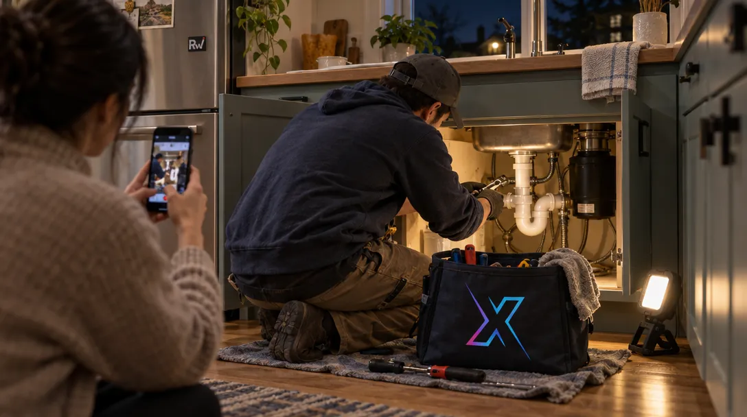 A plumber repairs pipes beneath a kitchen sink as another person records the work, with a HUMXN service tote nearby.