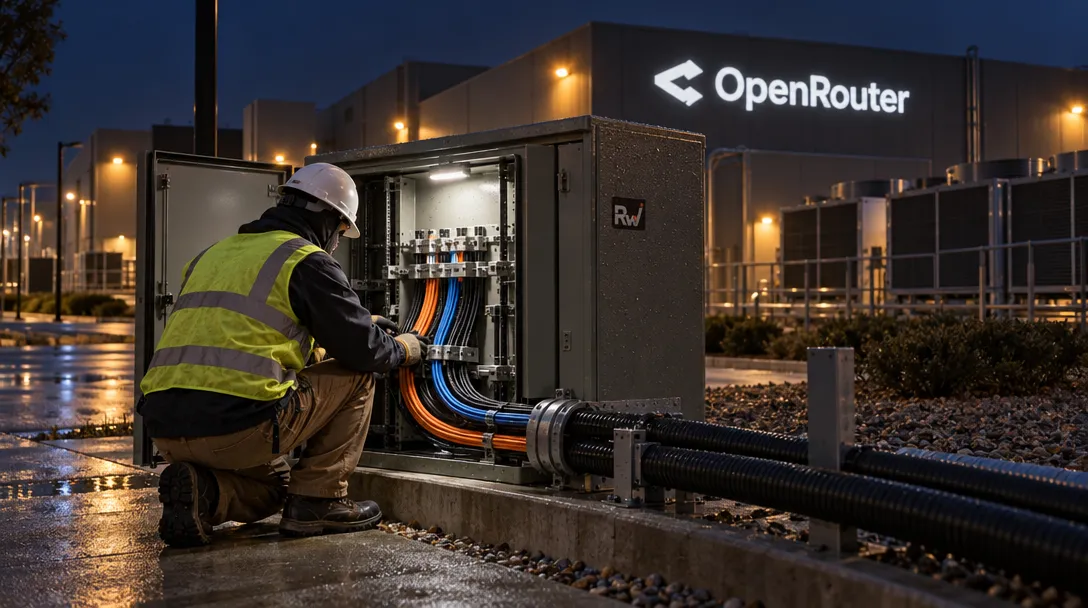 A hard-hatted worker in a reflective vest kneels at an open cabinet with cables; “OpenRouter” is lit on the building behind.
