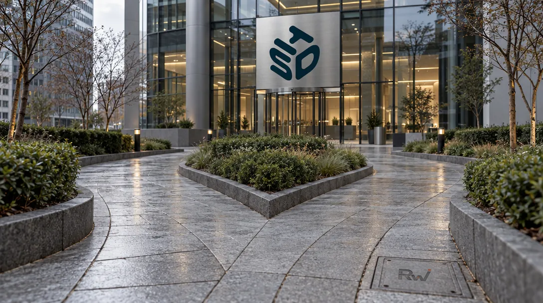 The Hyperscale Data logo is displayed beside a branching walkway in a financial-district plaza.