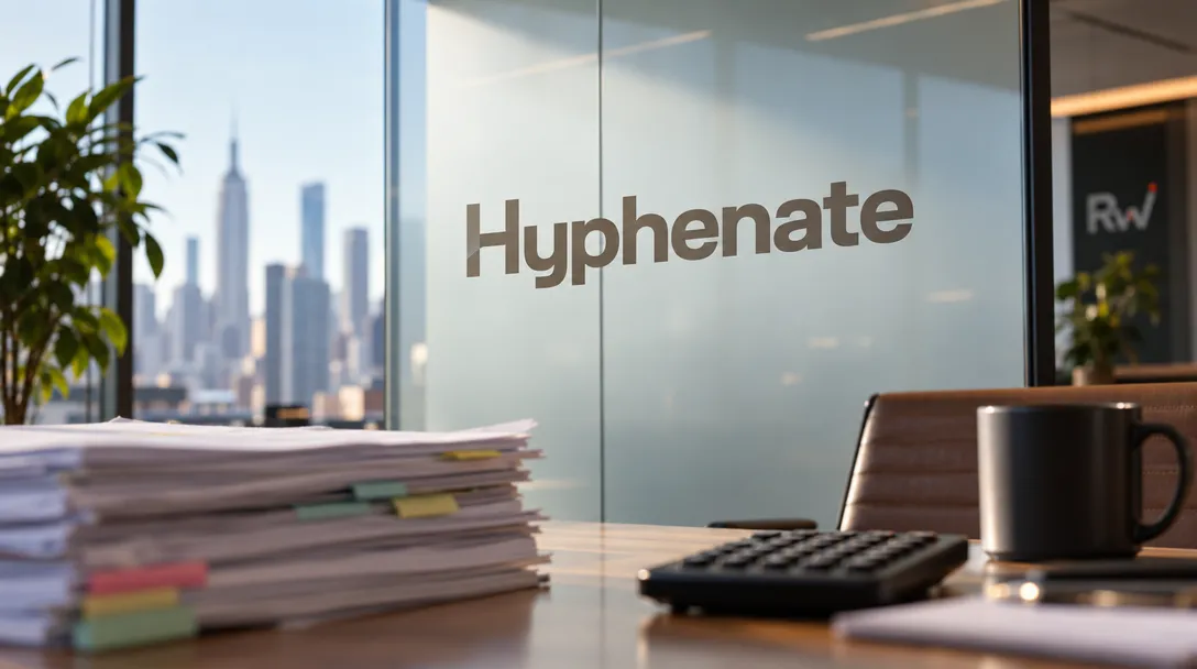 A desk holds stacked papers, a calculator and a black mug beside glass marked “Hyphenate,” with a city skyline and plant beyond.
