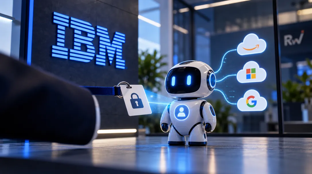 A small white robot stands beside a lock tag, with an IBM logo and Amazon, Microsoft, and Google cloud icons behind it.