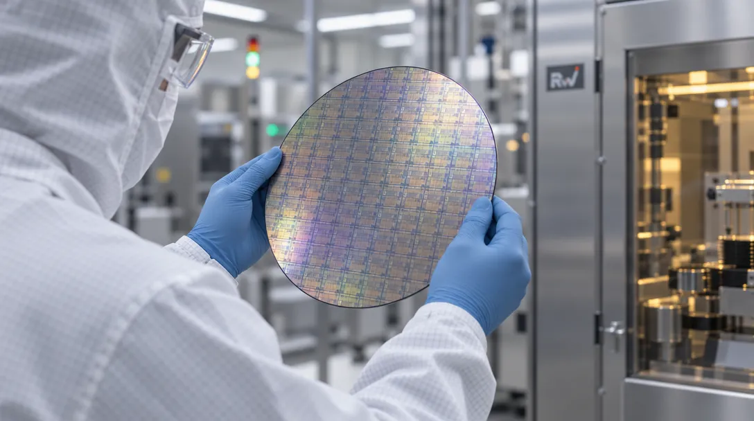 A cleanroom technician examines a patterned silicon wafer, representing IBM’s backing of Anderon’s quantum foundry.