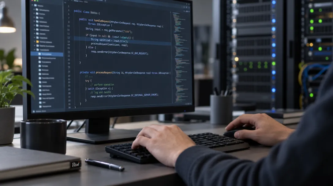 An engineer works on Java code at a workstation with a server rack behind them.