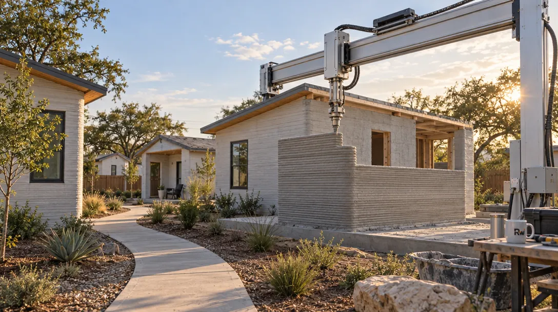 A generic robotic construction rig stands beside a nearly finished home with layered concrete walls in a Texas housing development.