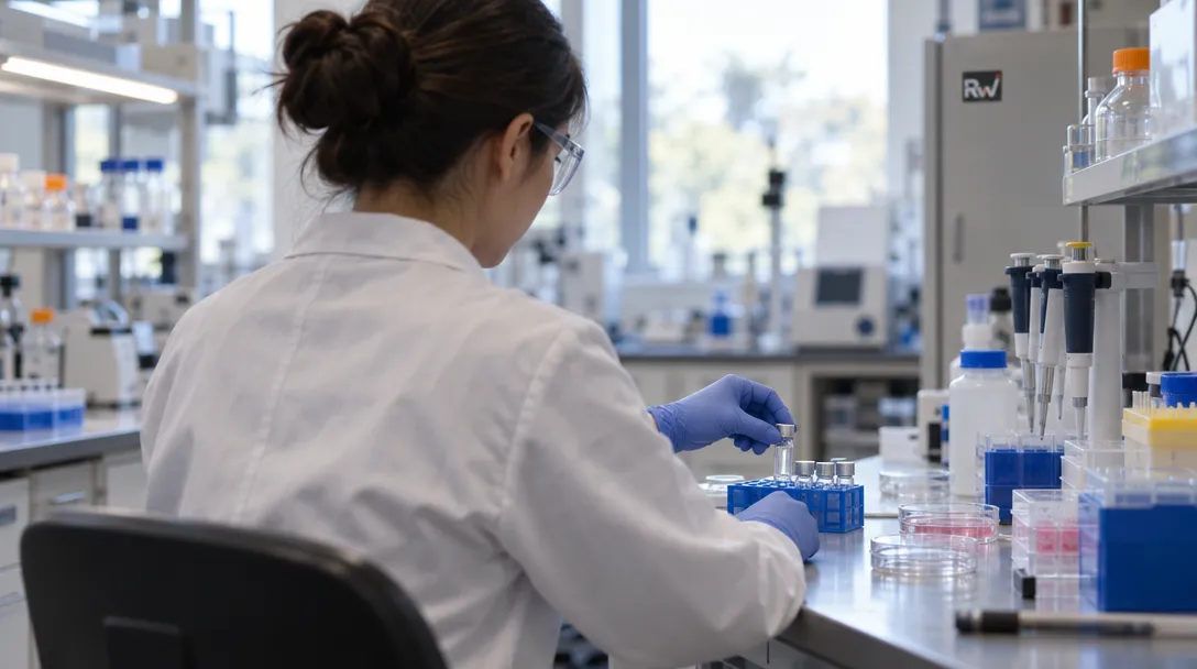 A researcher handles an unmarked peptide sample beside assay dishes in a laboratory, illustrating Immorta Bio’s preclinical work on SenoMune-0257.