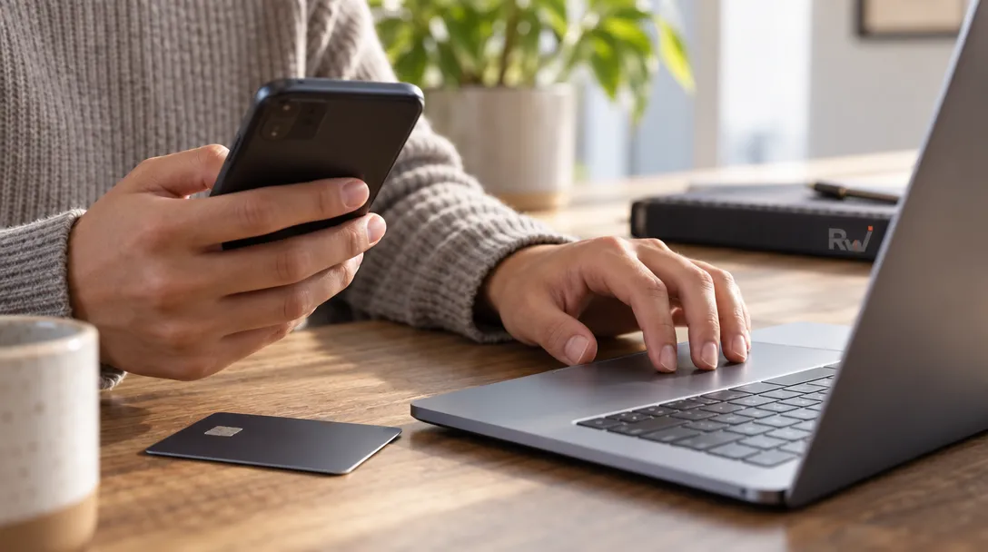 A person uses a phone beside a laptop and payment card, illustrating Incognia’s checks linking payment activity with customer context.