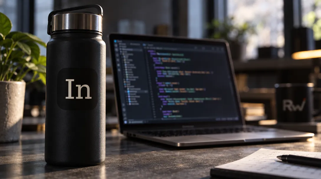 A black bottle labeled “In” stands beside an open laptop displaying code, with a plant, notebook and pen, and a mug marked “Rw” nearby.