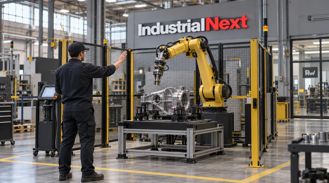 A factory technician gestures beside an industrial robot arm on an assembly floor with an Industrial Next sign on the wall.