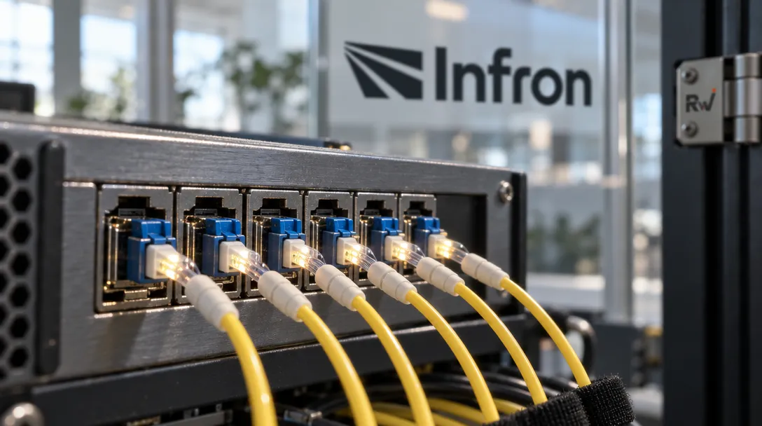 Six active fiber connections fill a network panel, with the Infron logo visible on a glass partition behind them.