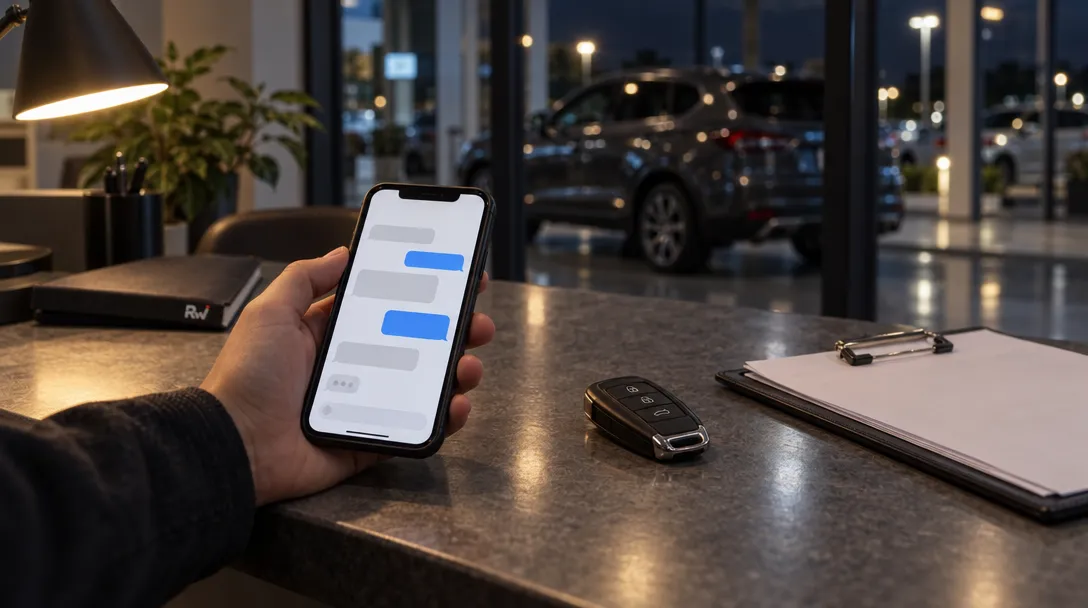 A shopper checks a phone beside a trade-in appraisal clipboard and car keys at a dealership, with a vehicle visible behind them.