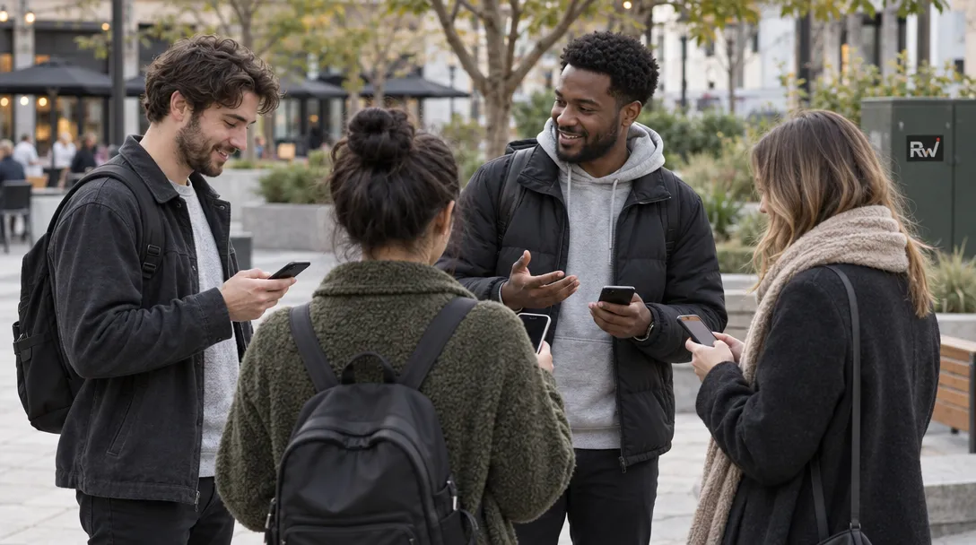 Four people stand outdoors talking and looking at smartphones; a nearby dark cabinet bears the letters “RW.”
