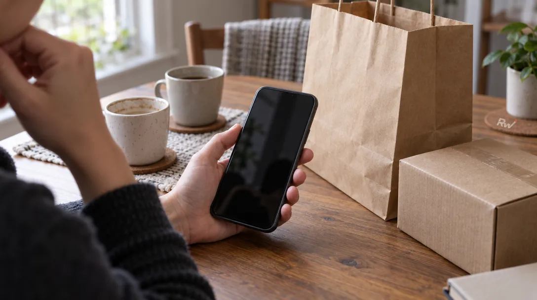 A person pauses beside a phone, an unbranded shopping bag, and a plain parcel, illustrating Instinct’s unsolicited tips and Noah Shinn’s commission model.