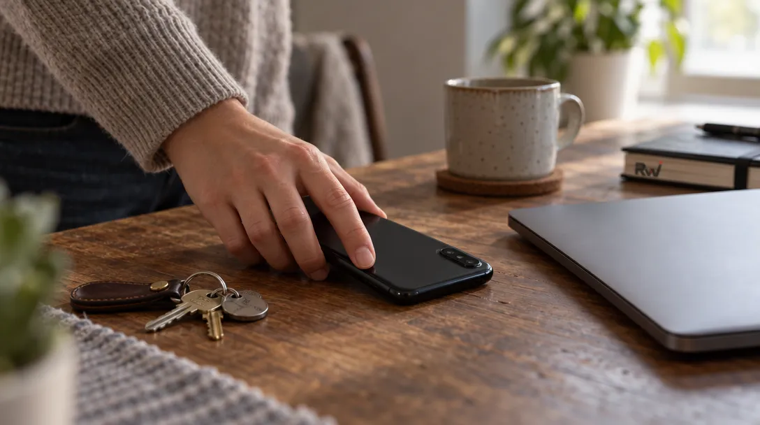 A person turns a phone face-down beside a closed laptop and a ring of keys, evoking users’ access concerns about Instinct and Meta’s Muse.