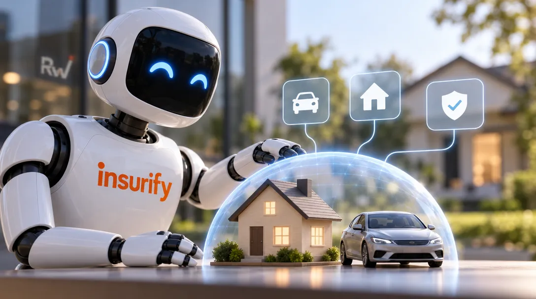 A white robot labeled “insurify” gestures toward a house and silver car beneath a glowing dome, with car, home, and checked-shield icons above.