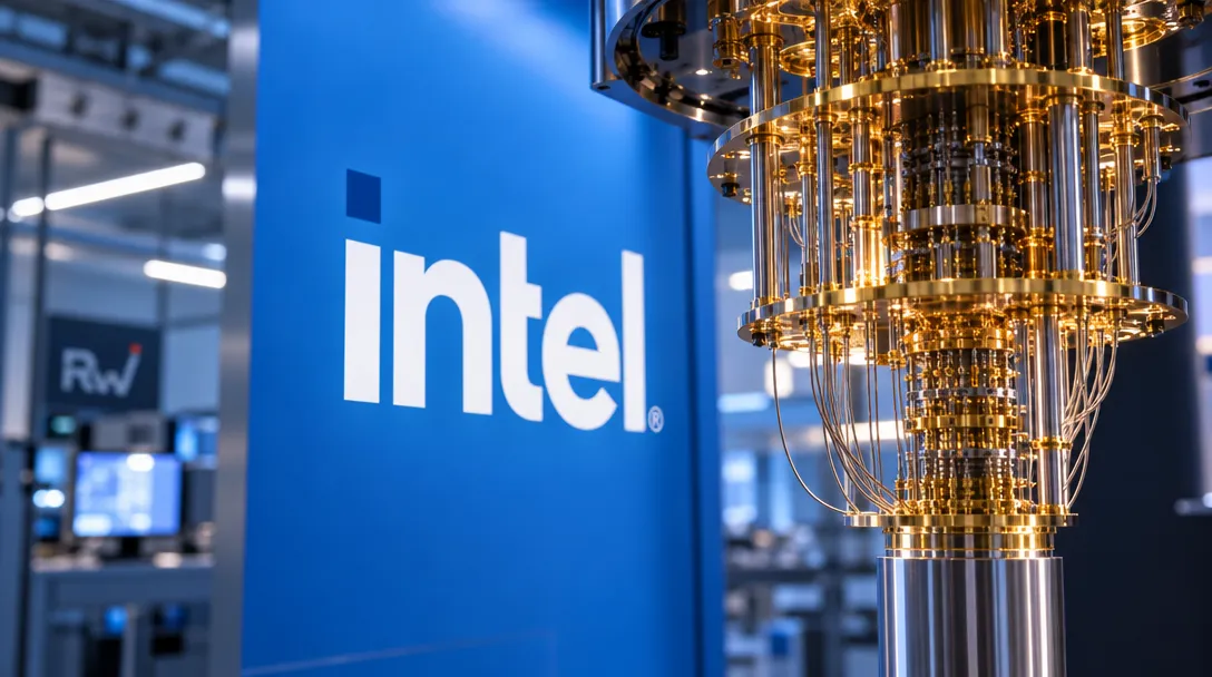 A large gold-and-silver cylindrical machine stands beside a blue panel bearing the white Intel logo.