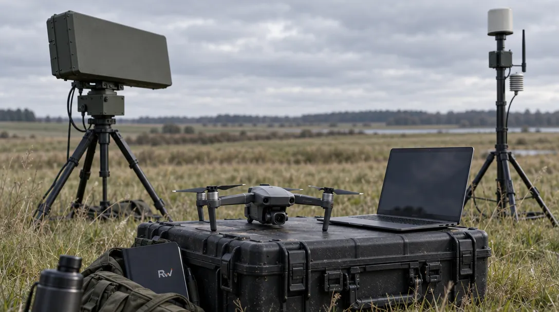 A small unbranded drone sits beside a radar sensor and laptop at a grassy outdoor test range.