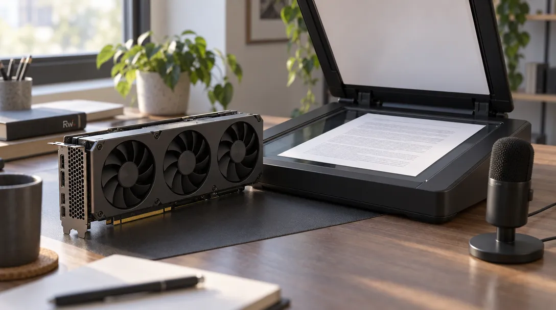 A generic GPU accelerator sits beside a page in a document scanner and a small microphone, representing Interfaze’s OCR, speech, and extraction model.