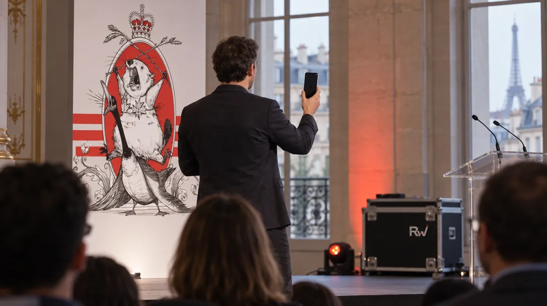 At a Paris security conference, a presenter raises a smartphone before an audience beneath a Calif stage sign.