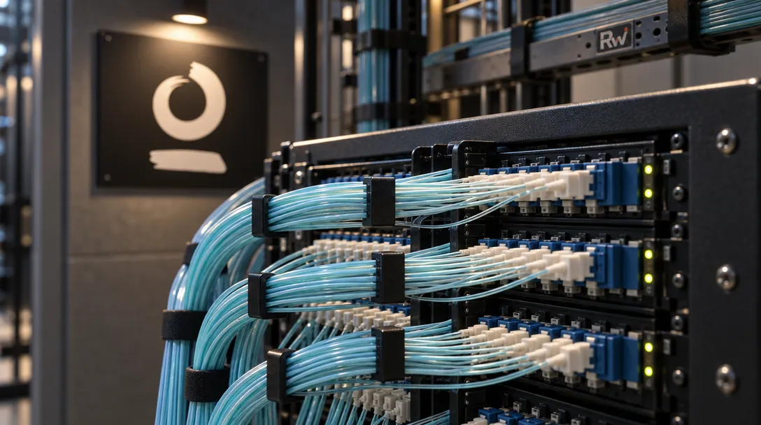 An Inworld AI wall plaque sits behind a fiber-optic switching panel with densely routed cables.