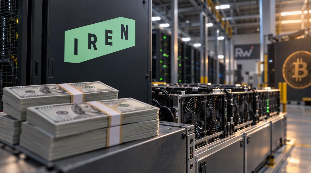 Stacks of bundled U.S. dollar bills sit beside rows of server equipment, with IREN and a Bitcoin symbol visible.