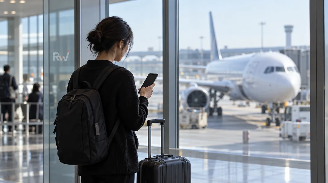 A traveler uses a smartphone beside a suitcase at an airport window, with an airplane beyond the glass.
