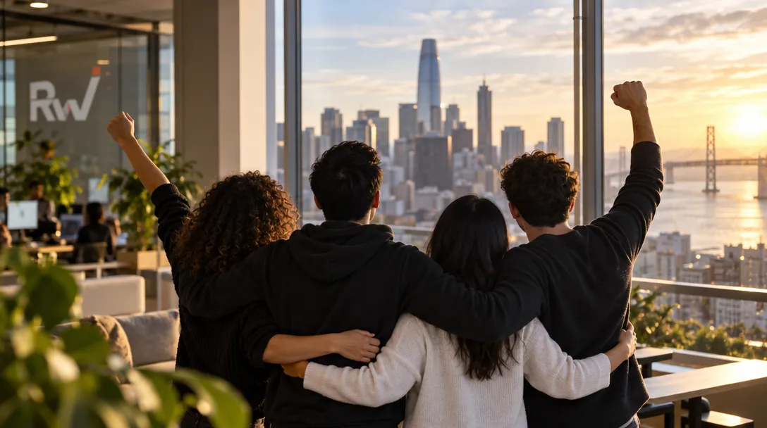 Four people stand arm in arm by a window overlooking a city and bridge, two raising fists; an “Rv” logo is on the glass.